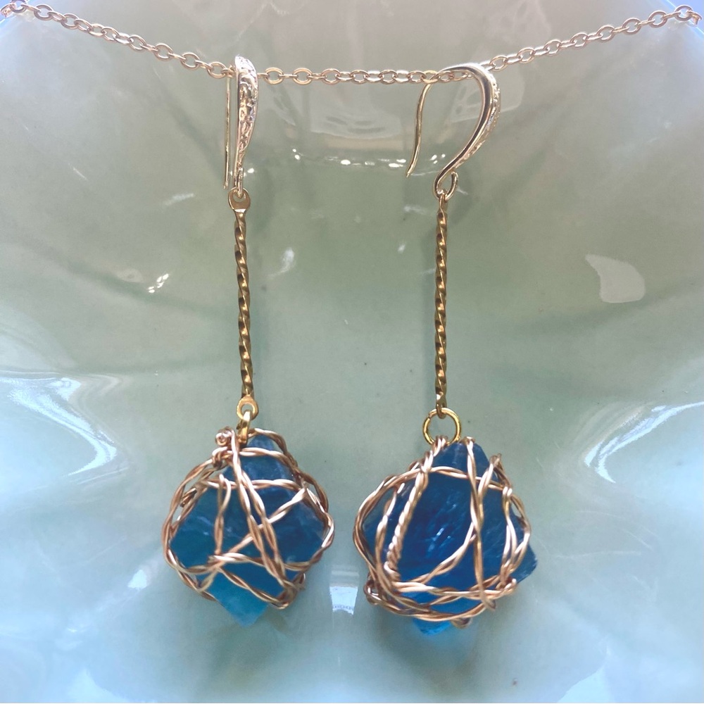 Gold and Blue Fluorite Octahedron Dangle Earrings E13